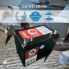 12V 60Ah lithium cranking battery with boat motors in the background, featuring certifications for top-quality performance.