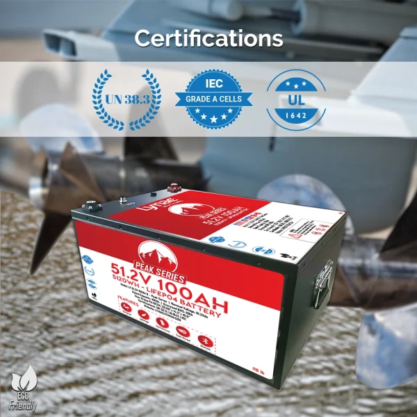 48V 100Ah High-Performance Lithium Battery with Certifications and Boat Motors in the Background.