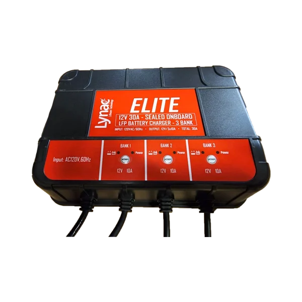 Front View of an Advanced 12V 30A Sealed Onboard 3-Bank Lithium Charger, compatible with multiple battery configurations.