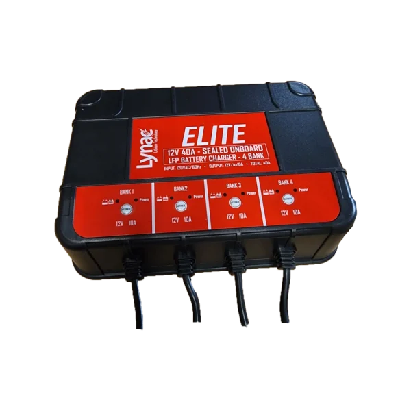 Front View of an Elite 12V 40A Sealed Onboard Lithium Charger, delivering efficient charging for your lithium batteries.