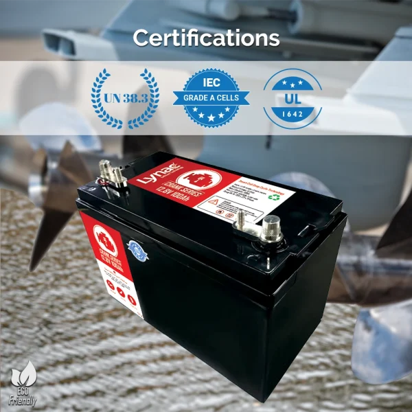 Certified Powerhouse: 12V 100Ah Cranking Battery with Boat Motors in the Background, engineered for top-quality performance.