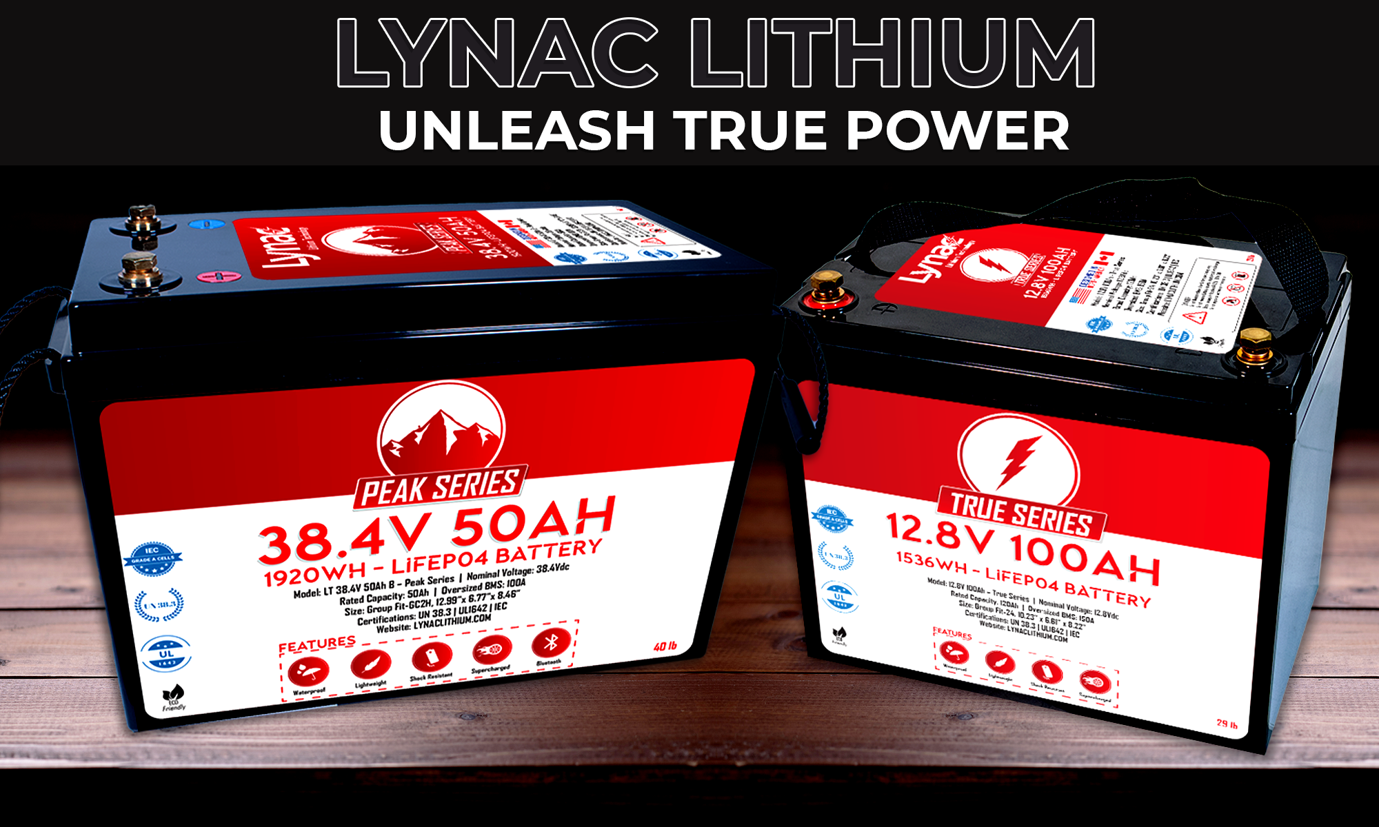 Two High-Performance Lithium Batteries sitting on a table, showcasing Lynac Lithium's commitment to true power.